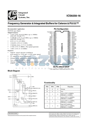 ICS9250YF-16-T datasheet - Frequency Generator & Integrated Buffers for Celeron & PII/III