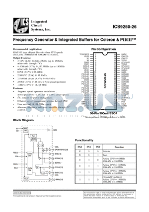 ICS9250YF-26-T datasheet - Frequency Generator & Integrated Buffers for Celeron & PII/III