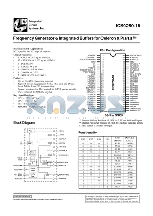 ICS9250YF-18 datasheet - Frequency Generator & Integrated Buffers for Celeron & PII/III