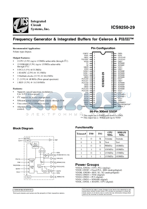 ICS9250YF-29-T datasheet - Frequency Generator & Integrated Buffers for Celeron & PII/III