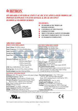 HAM05S-050100 datasheet - ON-BOARD UNIVERSAL INPUT AC-DC ENCAPSULATED MODULAR POWER SUPPLIES 5 WATTS SINGLE & DUAL OUTPUT