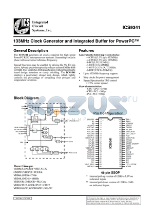ICS9341 datasheet - 133MHz Clock Generator and Integrated Buffer for PowerPC