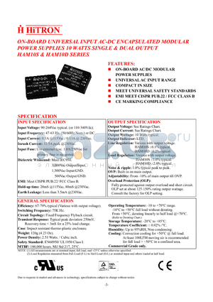 HAM10D-150035 datasheet - ON-BOARD UNIVERSAL INPUT AC-DC ENCAPSULATED MODULAR POWER SUPPLIES 10 WATTS SINGLE & DUAL OUTPUT