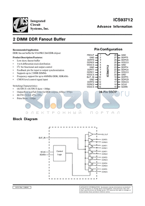 ICS93712YF-T datasheet - 2 DIMM DDR Fanout Buffer