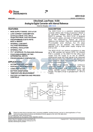 ADS1115QDGSRQ1 datasheet - Ultra-Small, Low-Power, 16-Bit Analog-to-Digital Converter with Internal Reference