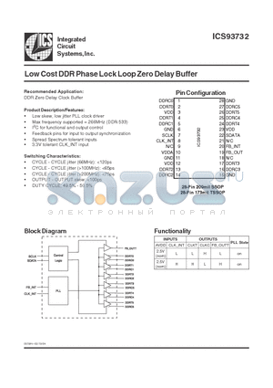 ICS93732 datasheet - Low Cost DDR Phase Lock Loop Zero Delay Buffer