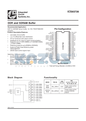 ICS93738 datasheet - DDR and SDRAM Buffer