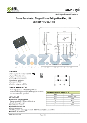 GBJ10 datasheet - Glass Passivated Single-Phase Bridge Rectifier, 10A