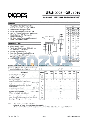 GBJ10005 datasheet - 10A GLASS PASSIVATED BRIDGE RECTIFIER