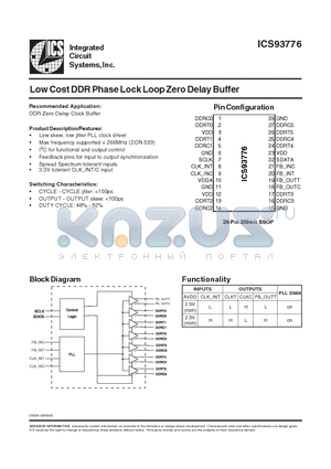 ICS93776 datasheet - Low Cost DDR Phase Lock Loop Zero Delay Buffer