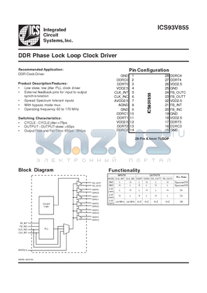 ICS93V855 datasheet - DDR Phase Lock Loop Clock Driver
