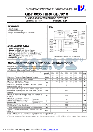 GBJ10005 datasheet - GLASS PASSIVATED BRIDGE RECTIFIER