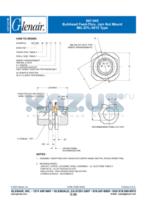 947-045M18-11SY datasheet - Bulkhead Feed-Thru, Jam Nut Mount