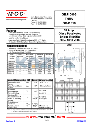 GBJ10005-BP datasheet - 10 Amp Glass Passivated Bridge Rectifier 50 to 1000 Volts