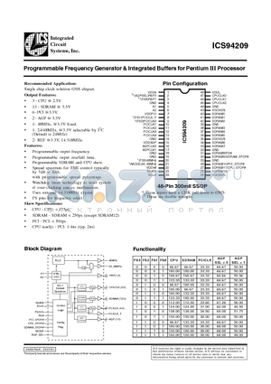 ICS94209 datasheet - Programmable Frequency Generator & Integrated Buffers for Pentium III Processor