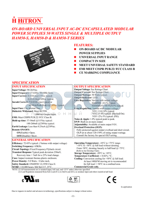 HAM50-D050I datasheet - ON-BOARD UNIVERSAL INPUT AC-DC ENCAPSULATED MODULAR POWER SUPPLIES 50 WATTS SINGLE & MULTIPLE OUTPUT