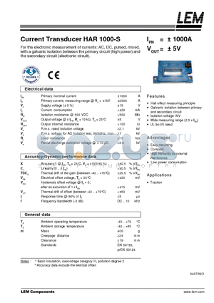 HAR1000-S datasheet - Current Transducer HAR 1000-S