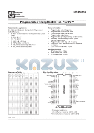 ICS950218 datasheet - Programmable Timing Control Hub TM for P4 TM