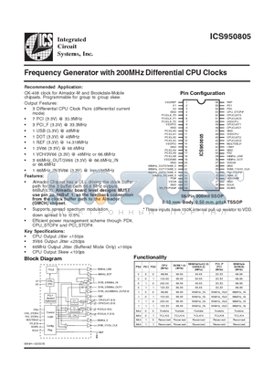 ICS950805F-T datasheet - Frequency Generator with 200MHz Differential CPU Clocks