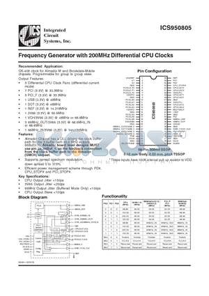 ICS950805 datasheet - Frequency Generator with 200MHz Differential CPU Clocks