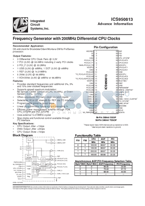 ICS950813 datasheet - Frequency Generator with 200MHz Differential CPU Clocks