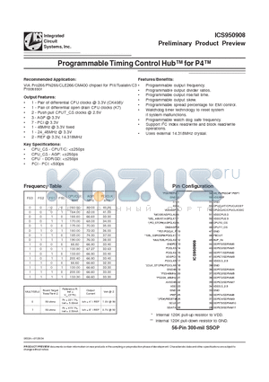 ICS950908 datasheet - Programmable Timing Control Hub for P4