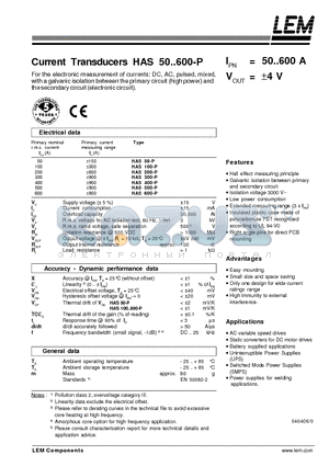 HAS200-P datasheet - Current Transducers HAS 50~600-P