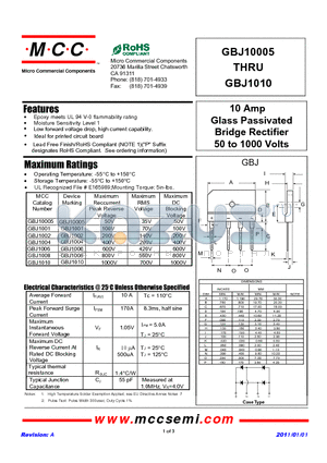 GBJ1006 datasheet - 10 Amp Glass Passivated Bridge Rectifier 50 to 1000 Volts