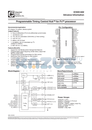 ICS951402YGLF-T datasheet - Programmable Timing Control Hub for P4 processor