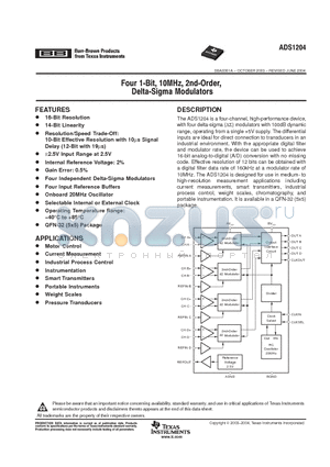ADS1204 datasheet - FOUR 1-BIT, 10MHZ, 2ND-ORDER, DELTA-SIGMA MODULATORS