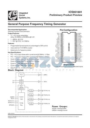 ICS951601 datasheet - General Purpose Frequency Timing Generator
