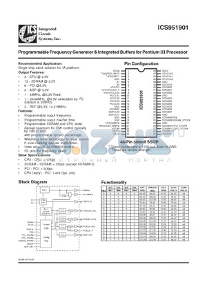 ICS951901 datasheet - Programmable Frequency Generator & Integrated Buffers for Pentium III Processor