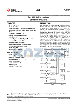 ADS1204 datasheet - Four 1-Bit, 10MHz, 2nd-Order Delta-Sigma Modulators