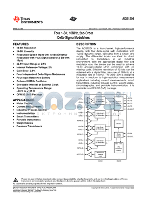 ADS1204IRHBR datasheet - Four 1-Bit, 10MHz, 2nd-Order Delta-Sigma Modulators