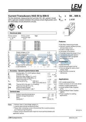 HAS50-S datasheet - Current Transducers HAS 50 to 600-S