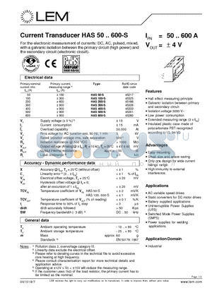 HAS50-S datasheet - Current Transducer