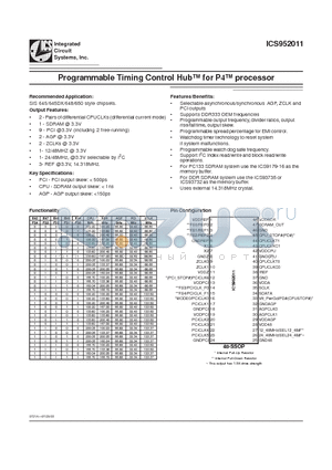 ICS952011YFT datasheet - Programmable Timing Control Hub for P4 processor