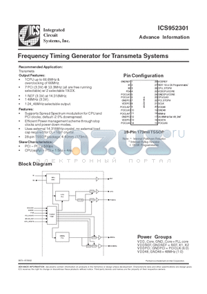 ICS952301 datasheet - Frequency Timing Generator for Transmeta Systems
