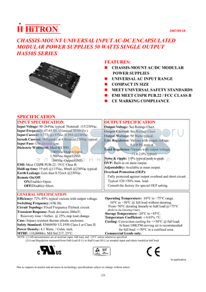 HAS50-S120042 datasheet - CHASSIS-MOUNT UNIVERSAL INPUT AC-DC ENCAPSULATED MODULAR POWER SUPPLIES 50 WATTS SINGLE OUTPUT