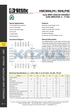 694LP4E datasheet - GaAs MMIC ANALOG VARIABLE GAIN AMPLIFIER, 6 - 17 GHz