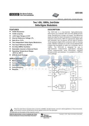 ADS1205IRGETG4 datasheet - TWO 1-BIT, 10MHz, 2nd-ORDER DELTA-SIGMA MODULATORS