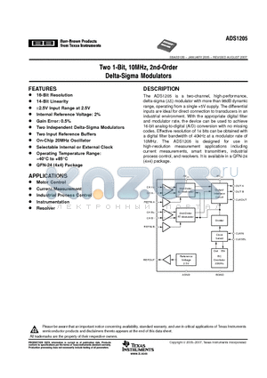 ADS1205 datasheet - Two 1-bit, 10Mhz, 2nd Order Delta-sigma Modulators