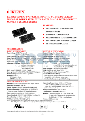 HAS50-T050IE datasheet - CHASSIS-MOUNT UNIVERSAL INPUT AC-DC ENCAPSULATED MODULAR POWER SUPPLIES 50 WATTS DUAL & TRIPLE OUTPUT