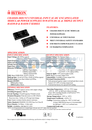 HAS50-T050KK datasheet - CHASSIS-MOUNT UNIVERSAL INPUT AC-DC ENCAPSULATED MODULAR POWER SUPPLIES 50 WATTS DUAL & TRIPLE OUTPUT