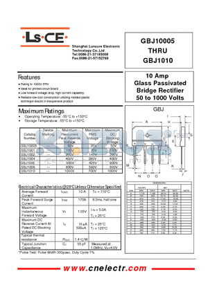 GBJ1010 datasheet - 10Amp glass passivated bridge rectifier 50to1000 volts