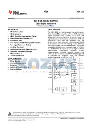 ADS1209 datasheet - Two 1-Bit, 10MHz, 2nd-Order Delta-Sigma Modulators