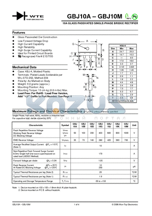 GBJ10A datasheet - 10A GLASS PASSIVATED SINGLE-PHASE BRIDGE RECTIFIER