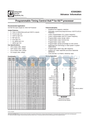 ICS952801 datasheet - Programmable Timing Control HubTM for K8TM processor