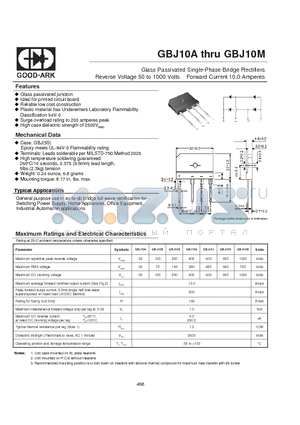 GBJ10A datasheet - Glass Passivated Single-Phase Bridge Rectifiers Reverse Voltage 50 to 1000 Volts Forward Current 10.0 Amperes