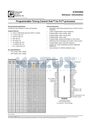 ICS952802 datasheet - Programmable Timing Control Hu  for P4 processor